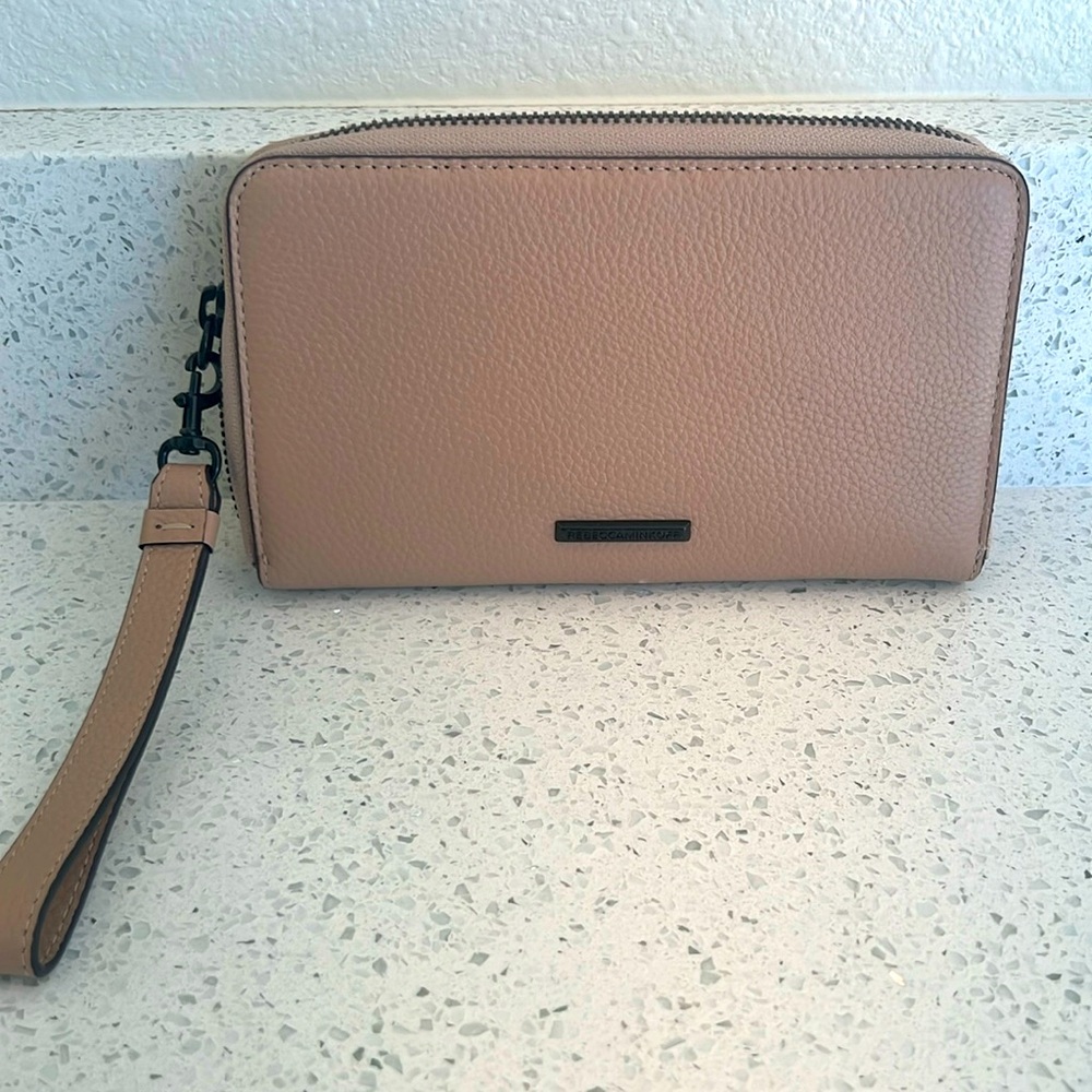 Tan leather Rebecca Minkoff wristlet/clutch.